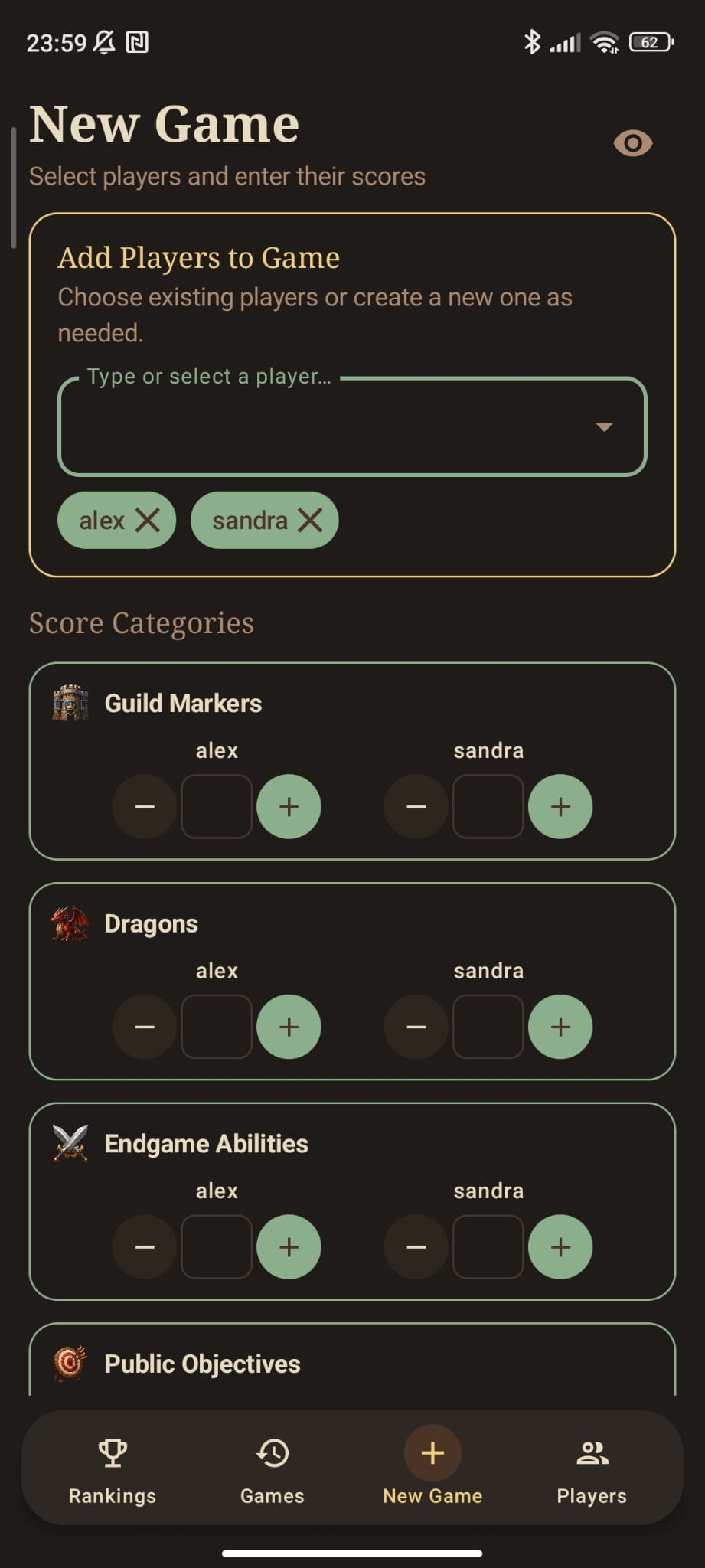Écran de nouvelle partie de Wyrmspan Scorer
