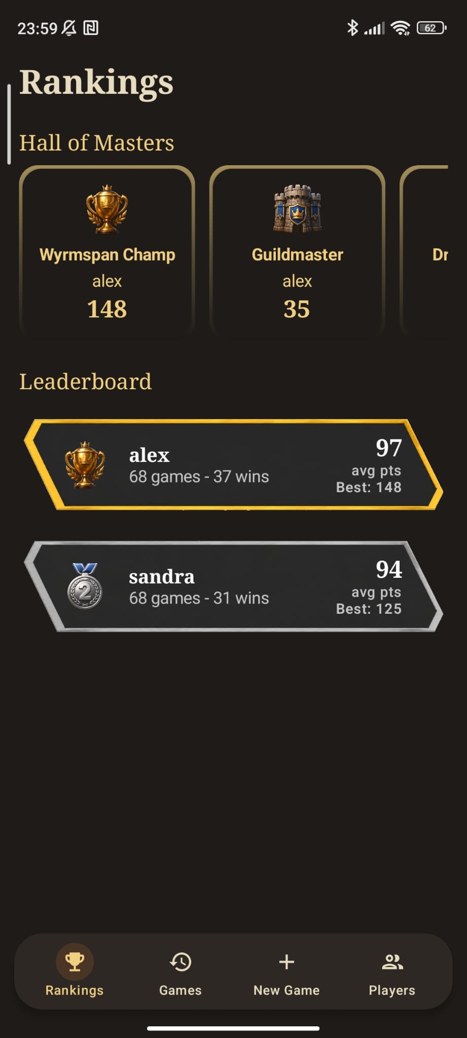 Écran de classement de Wyrmspan Scorer